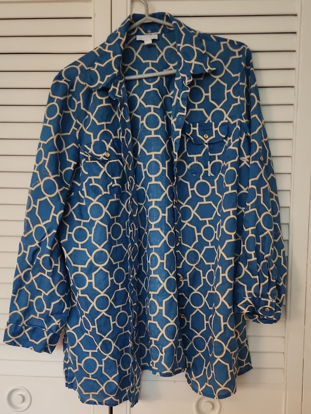 Blue Geometric Print Button-Up Shirt Jacket